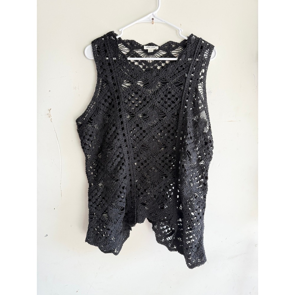 Ultra Pink Black Crochet Vest Sleeveless Open Knit Boho Floral Cardigan Large
